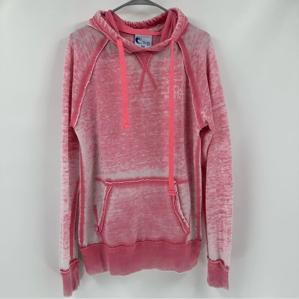 Buddy by the Sea Hoodie Sz M Pink Dog Surfboard Graphic V-Neck Thumbholes Beach